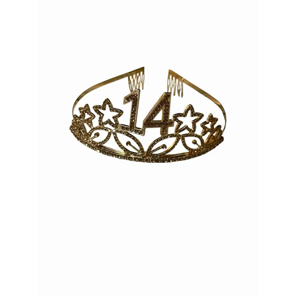 Gold 14th Birthday Tiara-Rhinestone Star‎ Princess Crown For 15th Bday
